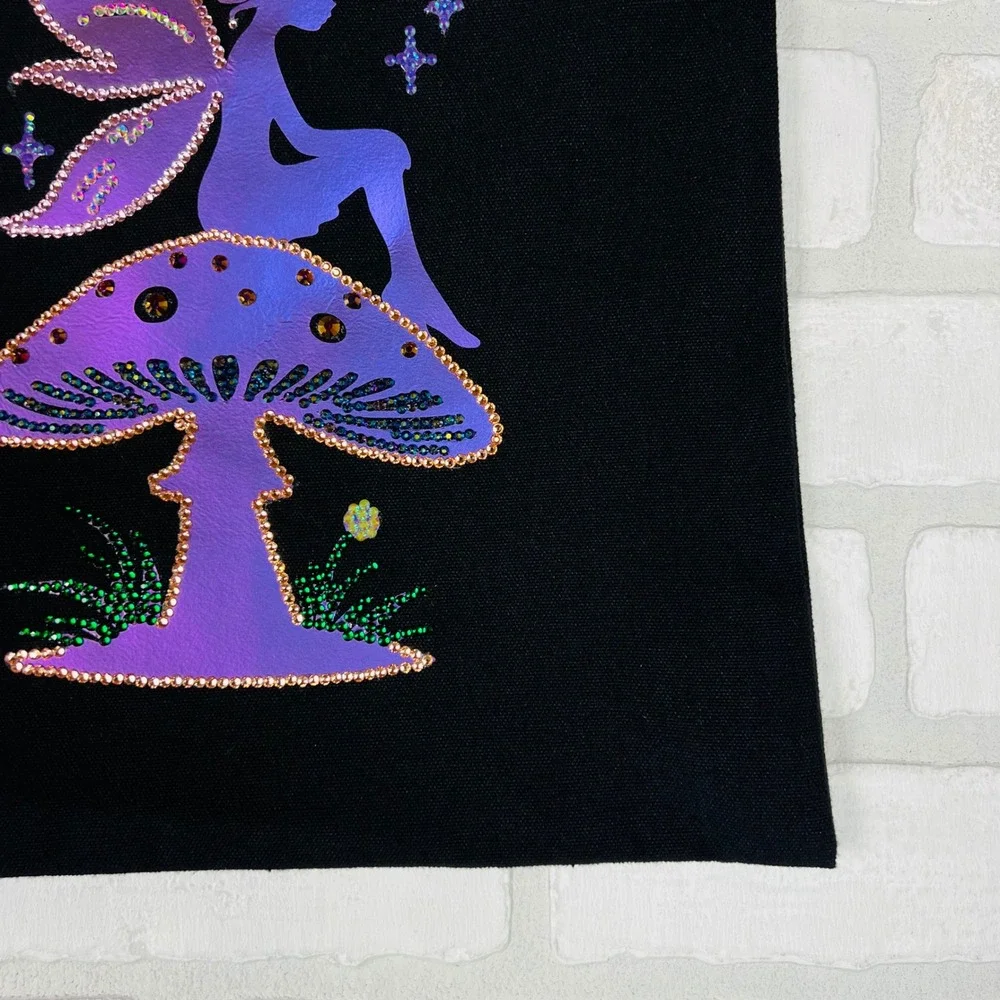 Black Fairy Mushroom Rhinestone Iridescent Canvas Tote Kids Bookbag 12 x 14.5